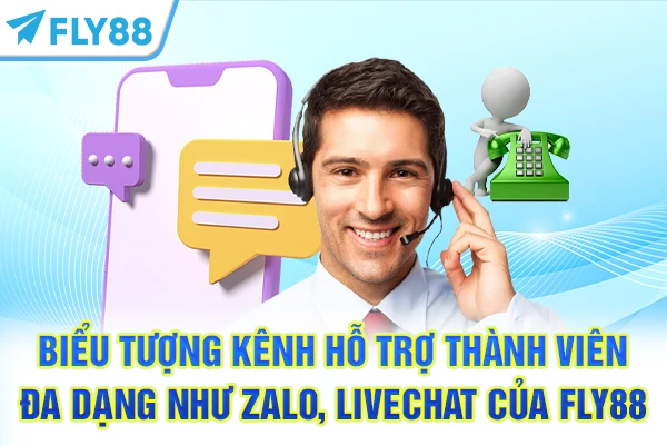 Biểu tượng kênh hỗ trợ thành viên đa dạng như Zalo, Livechat của FLY88